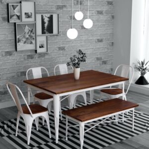 6 Seater Dining Table Set With Bench in White Colour