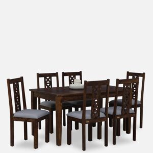 6 Seater Dining Table Set with Grey Colour Upholstered In Provincial Teak Finish