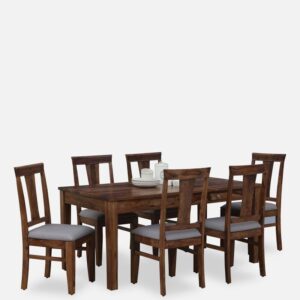 6 Seater Dining Table with Grey Colour Upholstered Chair in Rustic Teak Finish