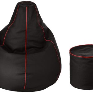 Combo Faux Leather Bean Bag Cover XXXL & Round Pouffe Cover Without Beans (Black with Pink Piping)