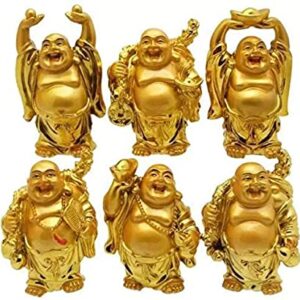 Feng Shui Golden Laughing Buddha Figurine Set for Good Luck Set of 6