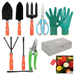Gardening Tools Set in a Metal Box with Cut Tool and Also Hand Gloves