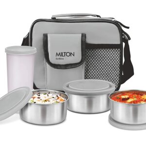 MILTON 3 Stainless Steel Container and Plastic Tumbler with Jacket ( Grey ) - Set of 4