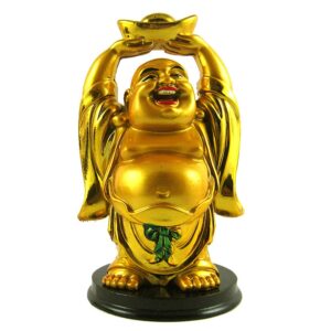 Metal Gold Plated With Wooden Base Feng Shui Laughing Buddha, 4.5 Inch, Golden