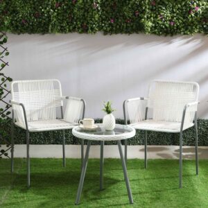 Outdoor Coffee Set In White Wicker / Grey Colour