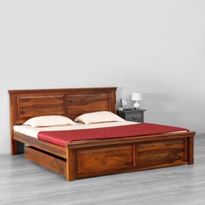 Queen Size Bed with Drawer Storage in Honey Oak Finish