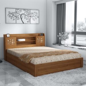 Queen Size Bed with Hydraulic Storage in Natural Teak Finish