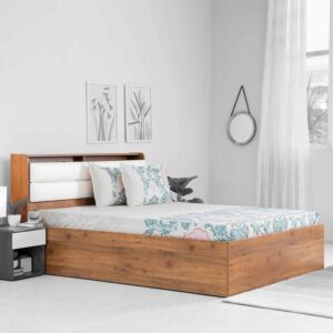 Queen Size Bed with Hydraulic Storage in White & Brown Finish