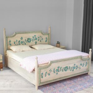Solid Wooden Queen Size Bed with Storage in Vintage White Finish