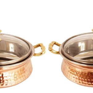 Set of 2 Steel Copper Tuffen Casserole with Glass Lid 700 ML Each - Serving Dishes Home Hotel Restaurant Tableware Dishware