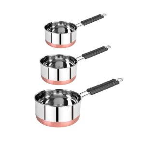 Set of 3 Kitchen Utensil Stainless Steel Copper Flat Bottom Sauce Milk Pan Bowl with Plastic Handle