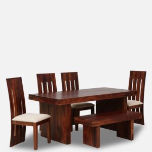 Solid Wood 6 Seater Dining Table Set with Bench in Classic Honey Finish