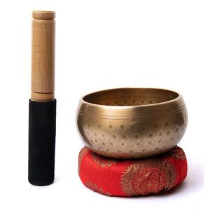 Tibetan Singing Bowl Meditation Sound Bowl Handcrafted for Healing, Chakra Balancing, Positivity, Anxiety Stress Reliever, with wooden striker and cushion (Red_4")