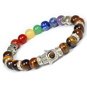 Tiger Eye Bracelet 7 Chakra Bracelet Combination Bracelet Crystal Bracelet 8 mm Stone Bracelet with Hamsa Charm Bracelet (Color : Multi) For Unisex Adult