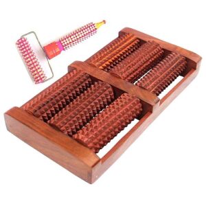 Wooden Foot Acupressure Massager Roller Manual 6 Pointed Wheel Brown with T Shape Roller Massager for Face